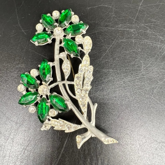 1930s Art Deco Czech Glass Pot Metal Flower Brooch Pin Foil Back Huge Nice Green - Picture 2 of 16